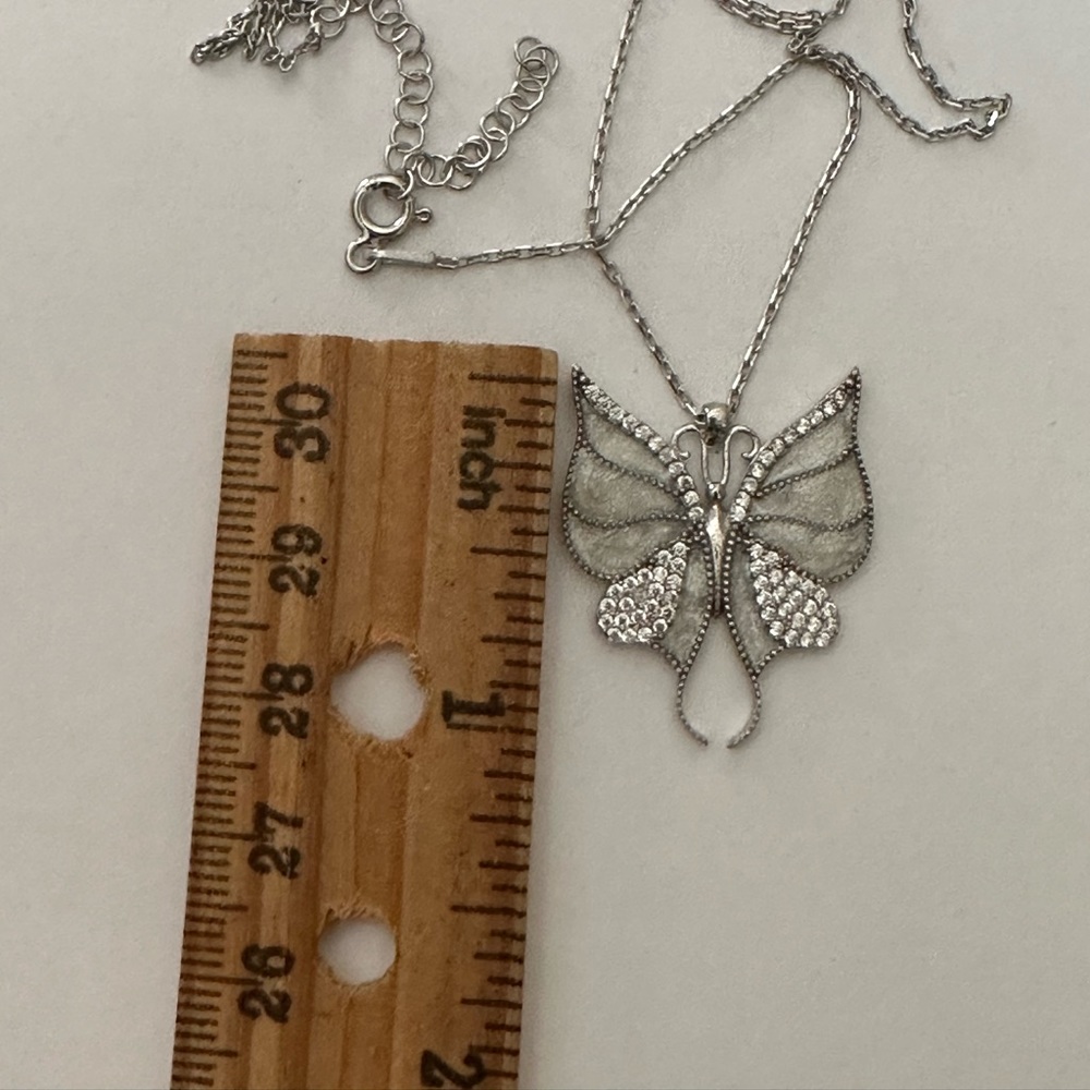 925 silver white butterfly enamel necklace clear cubic zirconia cz stones - Picture 3 of 5